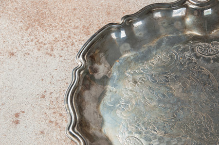 Vintage metal tray on concrete background. Copy space for text.の写真素材