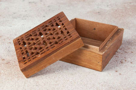 Vintage wooden aroma box on concrete background. Copy space for text.の写真素材