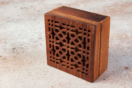 Vintage wooden aroma box on concrete background. Copy space for text.の写真素材