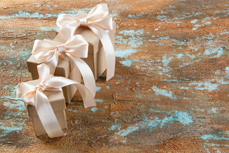 Gift boxes on shabby background. Boxing day sale and copy space for text