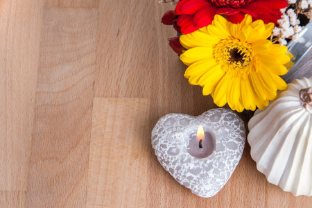 Yellow and red flowers. Copy space for text.の写真素材