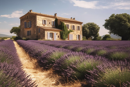 Beautiful view of an old house in Provence on a bright sunny day with a lavender field in the foreground. Generative AIの素材