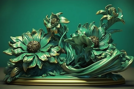 Composition of green gold artificial flowers on green background. Generative AIの素材