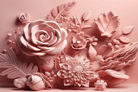 Composition of ash pink artificial flowers on ash pink background. Generative AIの素材