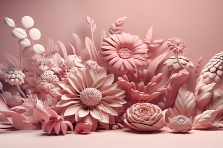 Composition of ash pink artificial flowers on ash pink background. Generative AIの素材