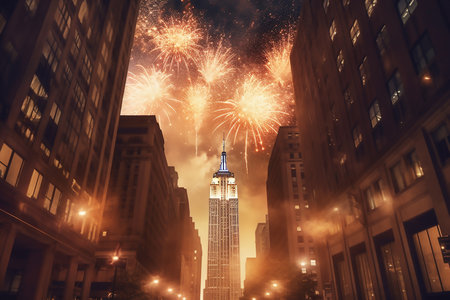 Colorful fireworks on the background of the New York sky. Festive celebration. Generative AIの素材