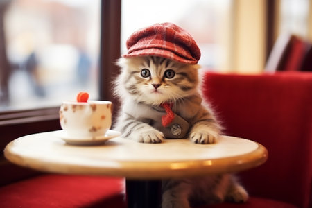 Cute kitten in a hat sits in a cafe with a cup of coffee, copy space for text. Generative AIの素材