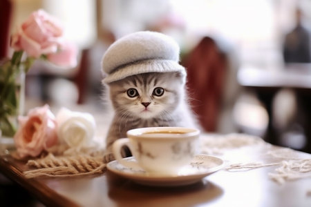 Cute kitten in a knitted hat sits with a cup of coffee on a bar counter in a restaurant, copy space for text. Generative AIの素材
