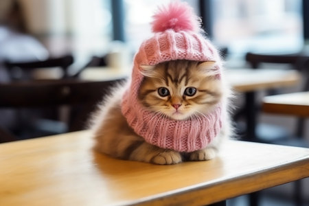 Cute kitten in a knitted hat sits on a bar counter in a restaurant, copy space for text. Generative AIの素材