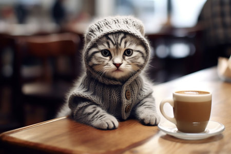 Cute kitten in a knitted body sits with a cup of coffee on a bar counter in a restaurant, copy space for text. Generative AIの素材