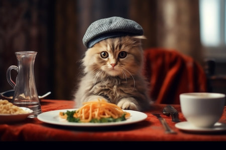 Cute kitten sits in a restaurant with a plate of spaghetti, copy space for text. Generative AIの素材