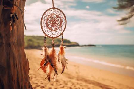 Dream catcher on the background of a sandy beach.Generative AIの素材
