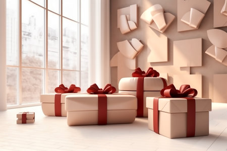 Beige gift boxes with red bows in interior,boxing day sale, copy space for text. Generative AIの素材