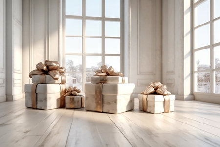 Beige gift boxes with golden bows in interior,boxing day sale, copy space for text. Generative AIの素材