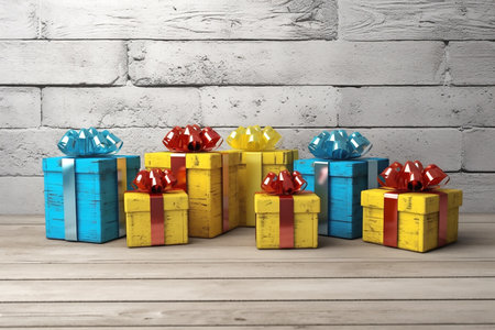 Blue and yellow boxes with red and blue bows on gray backgraund, boxing day sale, copy space for text. Generative AIの素材