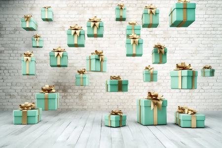 Mint gift boxes with golden bows,boxing day sale, copy space for text. Generative AIの素材