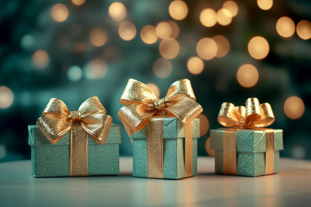 Mint gift boxes with golden bows on the background of bokeh effect,boxing day sale and gift boxes, copy space for text. Generative AIの素材