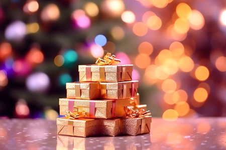 Golden gift boxes with golden bows on the background of bokeh effect,boxing day sale, copy space for text. Generative AIの素材