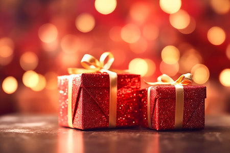 Red gift boxes with golden bows on the background of bokeh effect,boxing day sale, copy space for text. Generative AIの素材