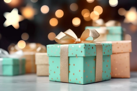 Mint gift boxes with golden bows on the background of bokeh effect,boxing day sale and gift boxes, copy space for text. Generative AIの素材