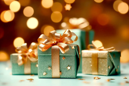 Mint gift boxes with golden bows on the background of bokeh effect,boxing day sale, copy space for text. Generative AIの素材