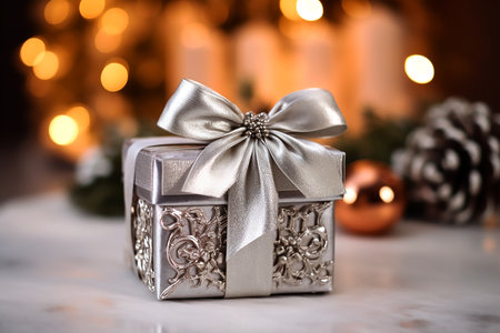 Silver gift box with silver bow on the background of bokeh effect,boxing day sale, copy space for text. Generative AIの素材