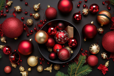 Christmas decoration,red and golden balls flat lay image on black background, copy space for text. Generative AIの素材