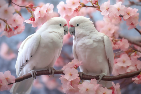 Two large white macaw parrots sit on a branch of sakura blossoms, copy space for text. Generative AIの素材