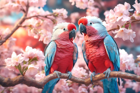 Two large blue pink parrots sit on a branch of sakura blossoms, copy space for text. Generative AIの素材