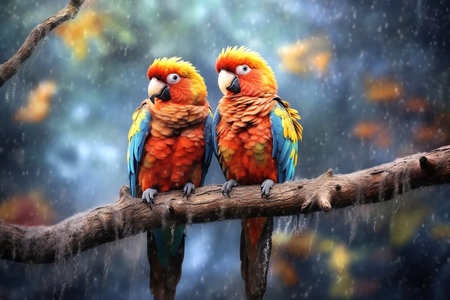 Two large colorful parrots siting on a branch, copy space for text. Generative AIの素材