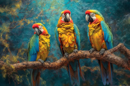 Three large colorful parrots sit on a branch of sakura blossoms, copy space for text. Generative AIの素材