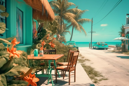 Picturesque seaside cafe on blue sky background, copy space for text. Generative AIの素材