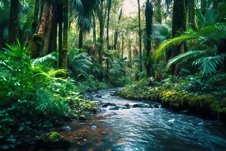 Beautiful wildlife view of exotic river, copy space for text. Generative AIの素材