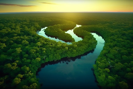 Beautiful wildlife view of exotic river, copy space for text. Generative AIの素材