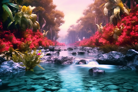 Beautiful wildlife view of exotic river, copy space for text. Generative AIの素材