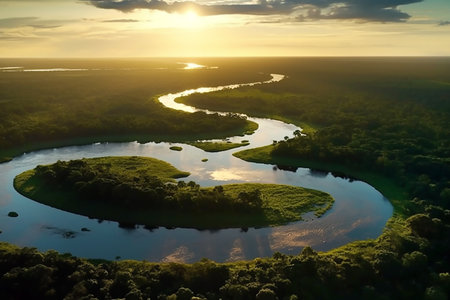 Beautiful wildlife view of exotic river, copy space for text. Generative AIの素材