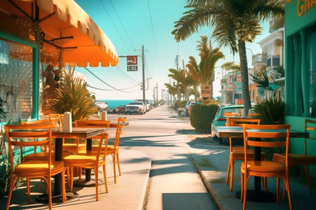Picturesque seaside cafe on blue sky background, copy space for text. Generative AIの素材