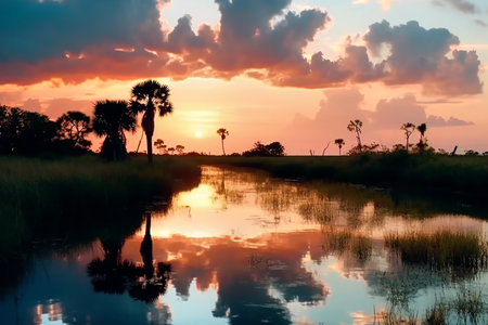 Beautiful wildlife view of exotic river, copy space for text. Generative AIの素材