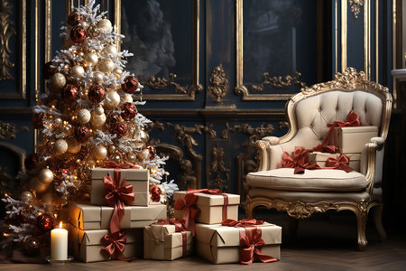 Christmas tree and craft gift boxes with red bows in interior, boxing day sale, copy space for text. Generative AIの素材