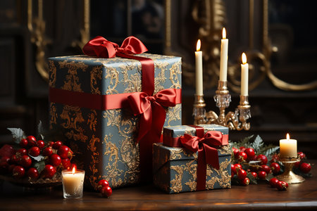 Craft golden gift blue boxes with red bows in antique interior,boxing day sale, copy space for text. Generative AIの素材