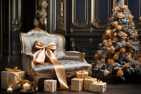 Christmas tree and craft gift boxes with bows in antique interior,boxing day sale, copy space for text. Generative AIの素材