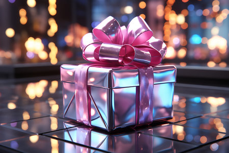 Gift box with pink bow on the background of bokeh effect,boxing day sale, copy space for text. Generative AIの素材