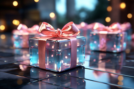 Gift boxes with pink bows on the background of bokeh effect,boxing day sale, copy space for text. Generative AIの素材