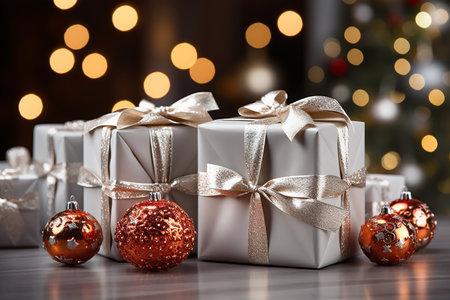 Silver gift boxes with silver bows on the background of bokeh effect,boxing day sale, copy space for text. Generative AIの素材