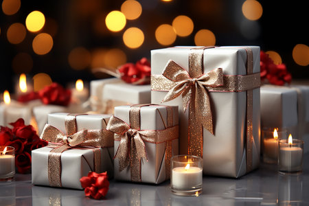 Gift boxes with golden bows and candles on the background of bokeh effect,boxing day sale, copy space for text. Generative AIの素材