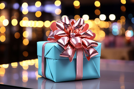 Mint gift box with pink bow on the background of bokeh effect,boxing day sale, copy space for text. Generative AIの素材