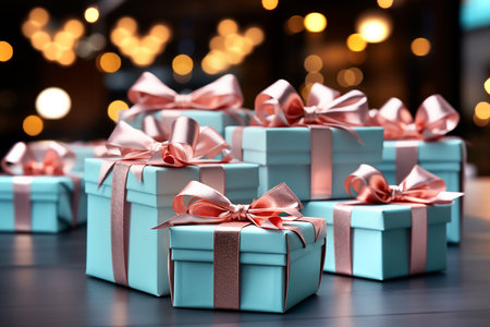 Mint gift boxes with pink bows on the background of bokeh effect,boxing day sale, copy space for text. Generative AIの素材