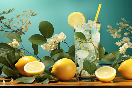 Glasses filled with lemons and mint leaves stands on the table on mint background, copy space for text. Generative AIの素材