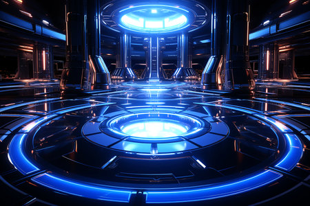 Space interior in high-tech style in blue, copy space for text. Generative AIの素材