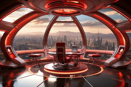 Interior in high-tech style in red with city view, copy space for text. Generative AIの素材